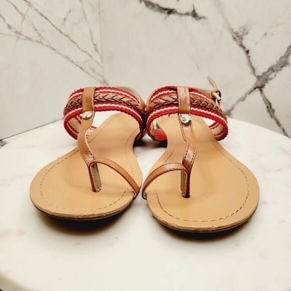 Tommy Hilfiger Sandals Womens 7.5 Preppy Nautical Thong Toe Ring Sandals Red Tan - Picture 4 of 13